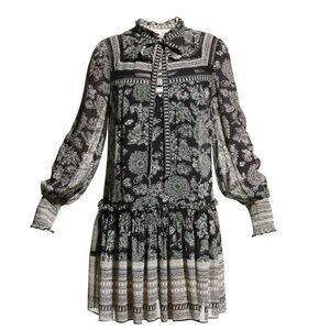Veronica Beard Black White Floral Silk Dress Lined Long Sleeve Bow Ruffle
